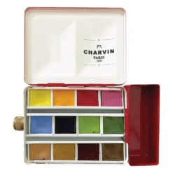 CHARVIN extrafeine Aquarellfarbe, 12 x 1/2 Näpf., Metallkasten mit Wassertank