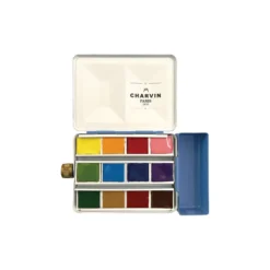 CHARVIN extrafeine Aquarellfarbe, 12 x 1/2 Näpf., Metallkasten mit Wassertank