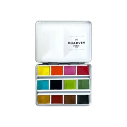 CHARVIN extrafeine Aquarellfarbe, 12 x 1/2 Näpf., Metallkasten