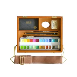 CHARVIN extrafeine Aquarellfarbe im Travel Bag, 24 x 1/2 Näpf. mit Zubehör, Holzkoffer