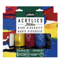 Pébéo Studio Acrylics Primary Set, 5 × 100 ml Acrylfarben, inkl. Farbkreis