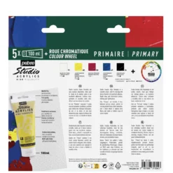 Pébéo Studio Acrylics Primary Set, 5 × 100 ml Acrylfarben, inkl. Farbkreis